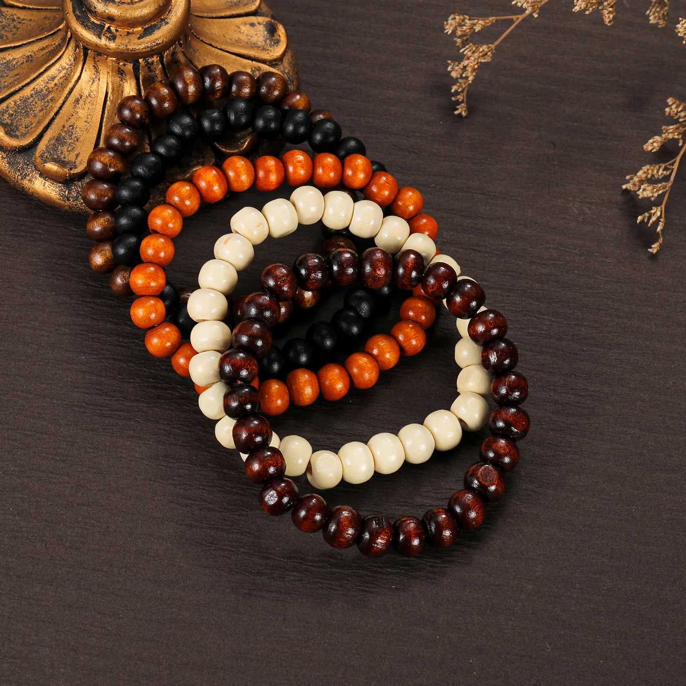 5-piece set of vintage multicolored wooden bead beaded mens braceletsX240921