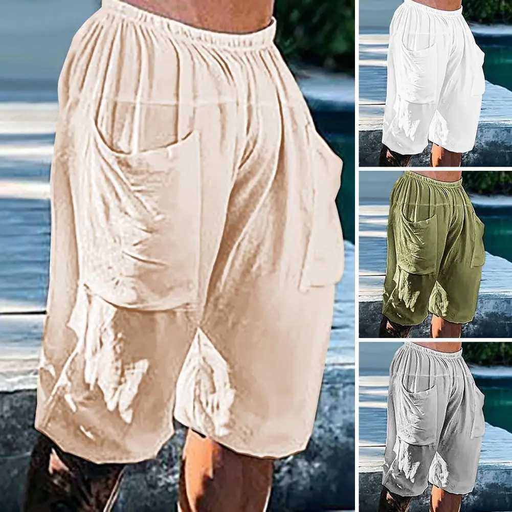 Fashion Summer Mens Linen Shorts Men Cotton Beach Short New Wild Leisure Loose Solid Cargo Shorts for Men SweatshortsX240921