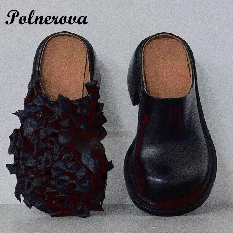 Black satin bow treasure head slider womens retro niche spring and summer item thick half slider womens summer single shoe 240919
