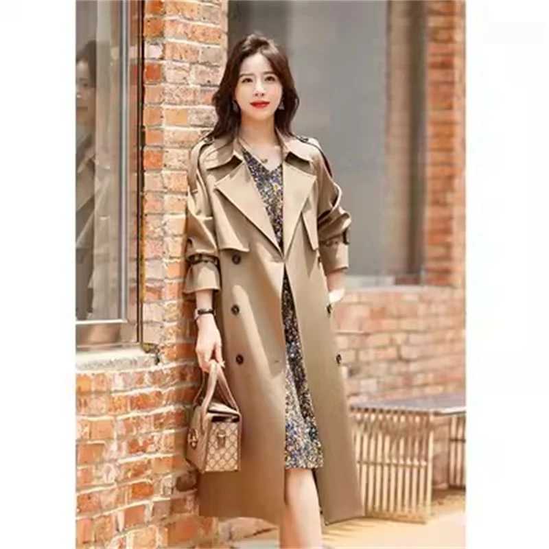 Lace-Up Windbreaker Female All Match Jacket 2024 Autumn Spring Jacket Women Zipper Coat Solid Color Tops Lining Long TrenchX240921
