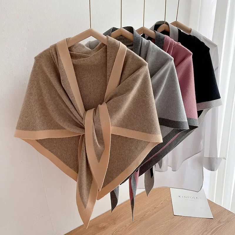 Soft double-sided cashmere knitted shawl for women solid color triangular shawl windproof and warm accessories W240921