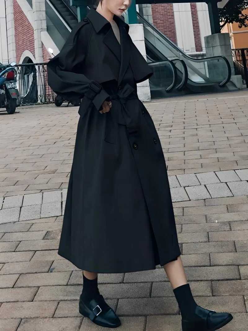 Autumn Trench Coat Double-Breasted Long Khaki Trench Coat for Women Casual Loose Jackets Classic Lapel Overcoat Belt StreetwearX240921