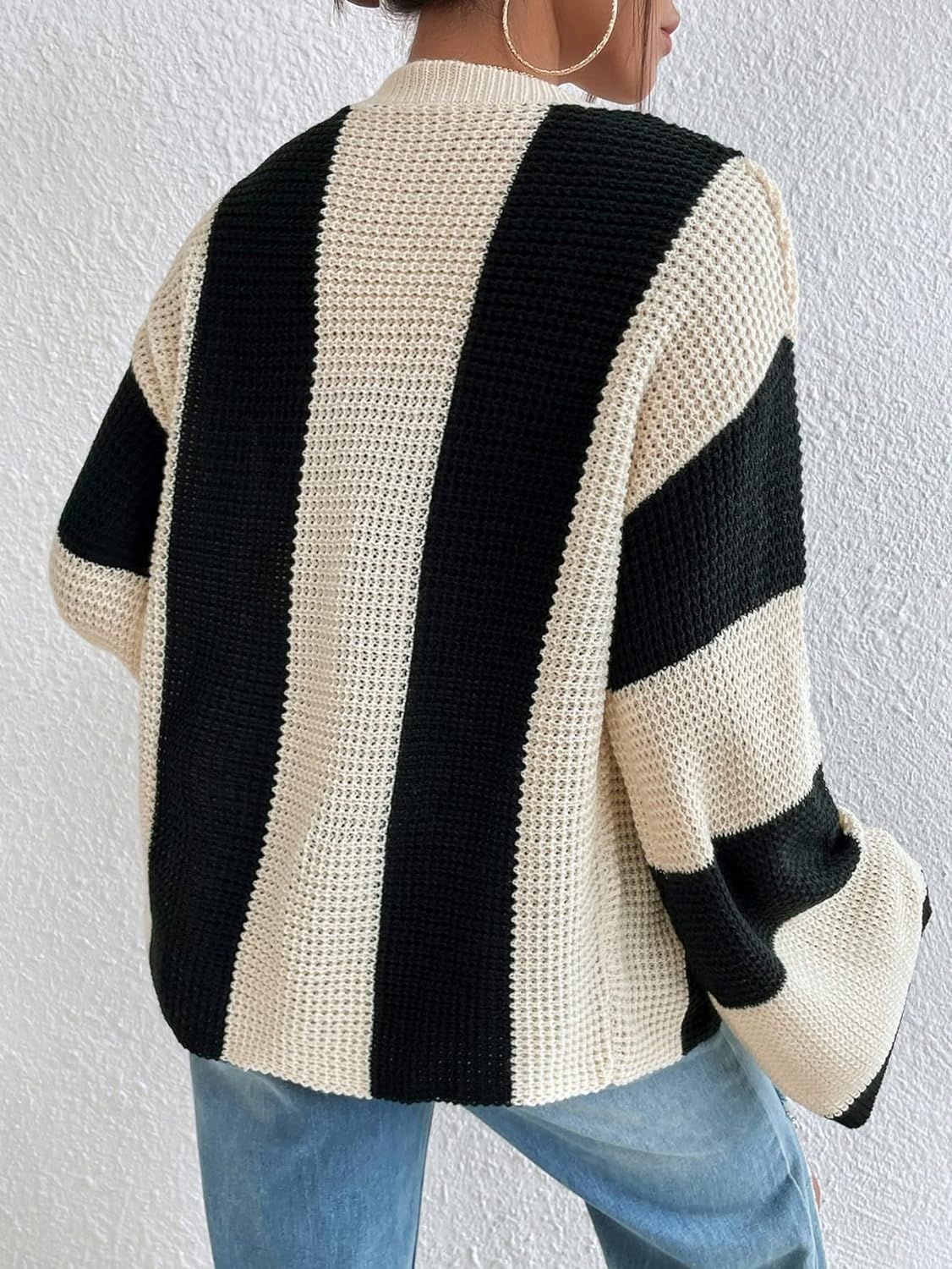 European and American fashion new autumn and winter women's clothing striped contrasting trumpet sleeve knitted cardigan loose sweater jacket