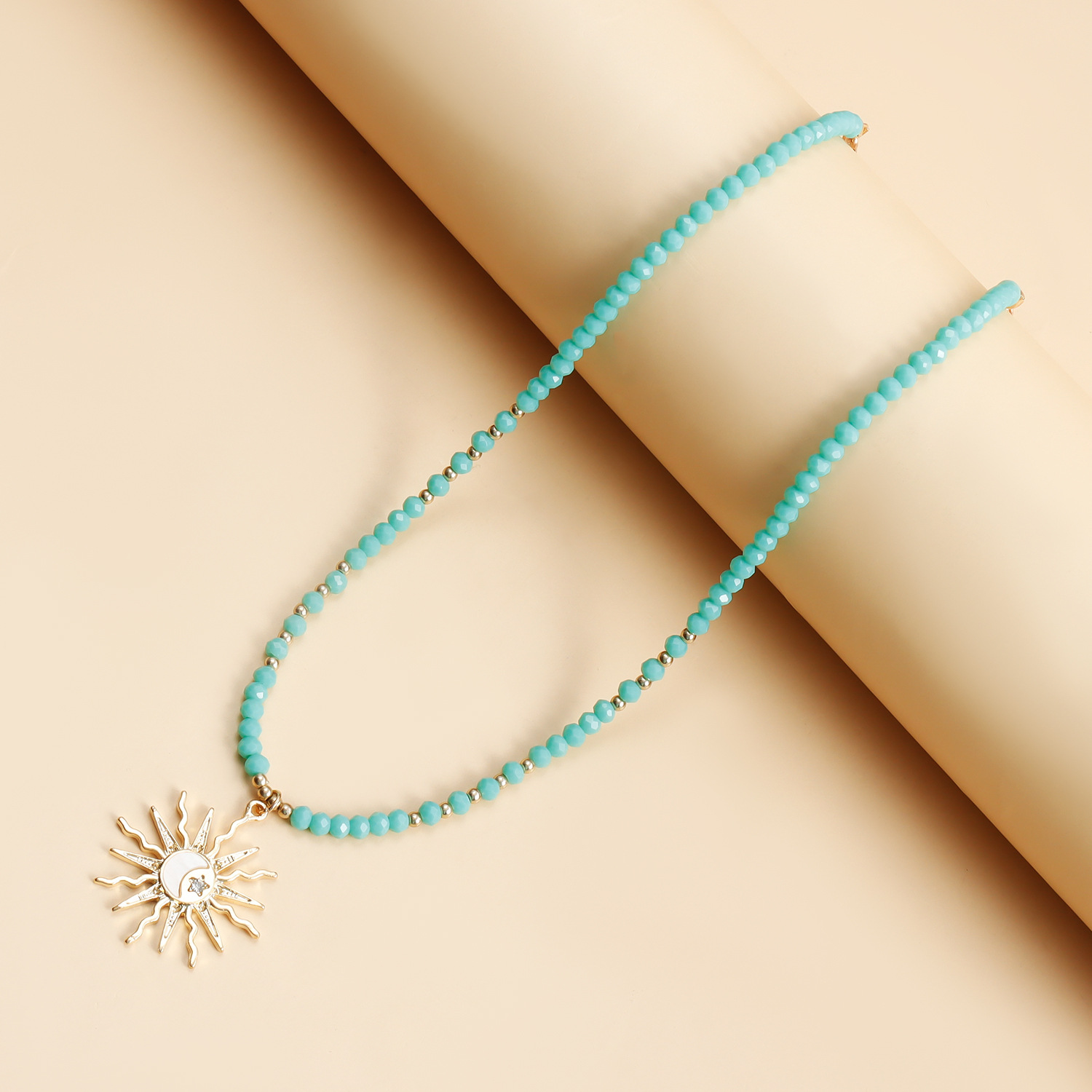 Beaded Crystal Choker Necklace with Sun Pendant for Women Fresh & Unique Green Blue Bohemian Gold Plated Y2K Jewelry Party Daily Outfit Gifts Girls