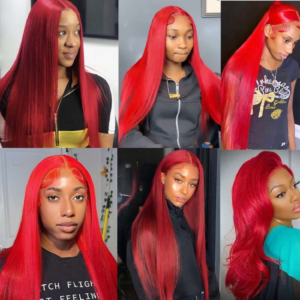 34 Inch Hot Red Bone Straight Wigs For Women 13X4 Frontal Bury 99J Color Lace Front 180% Human Hair Wig