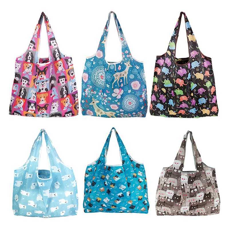 Foldable Shopping Bag Reusable Travel Grocery Bag Eco-Friendly Cute Animal Printing Supermarket Tote Bag Z250224