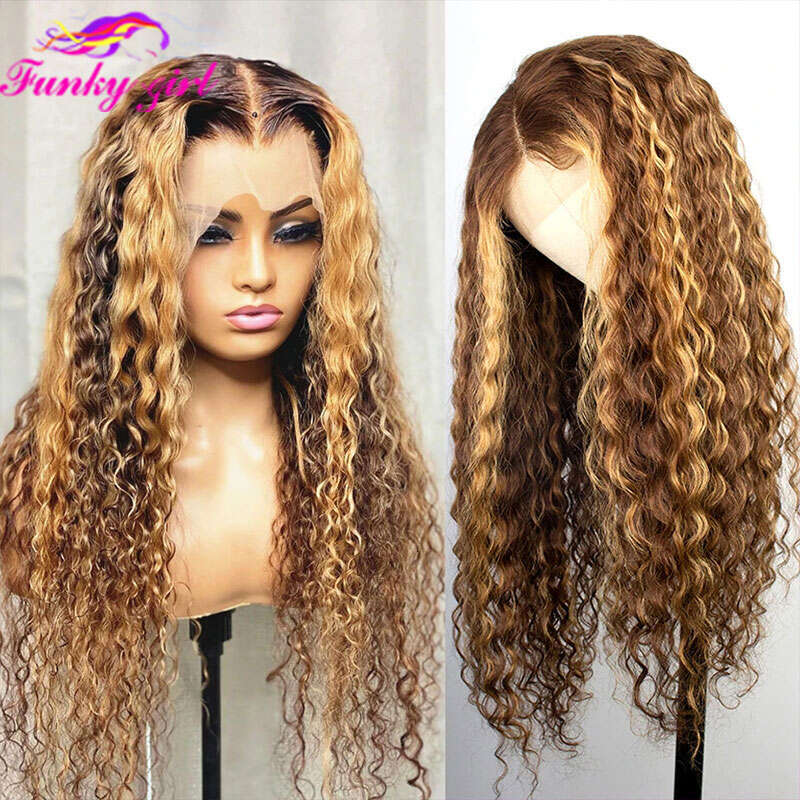 Water Wave Highlight Front Human Hair Wig Highlighted Curly Frontal Wigs For Women Brazilian Lace Closure Pre Plucked