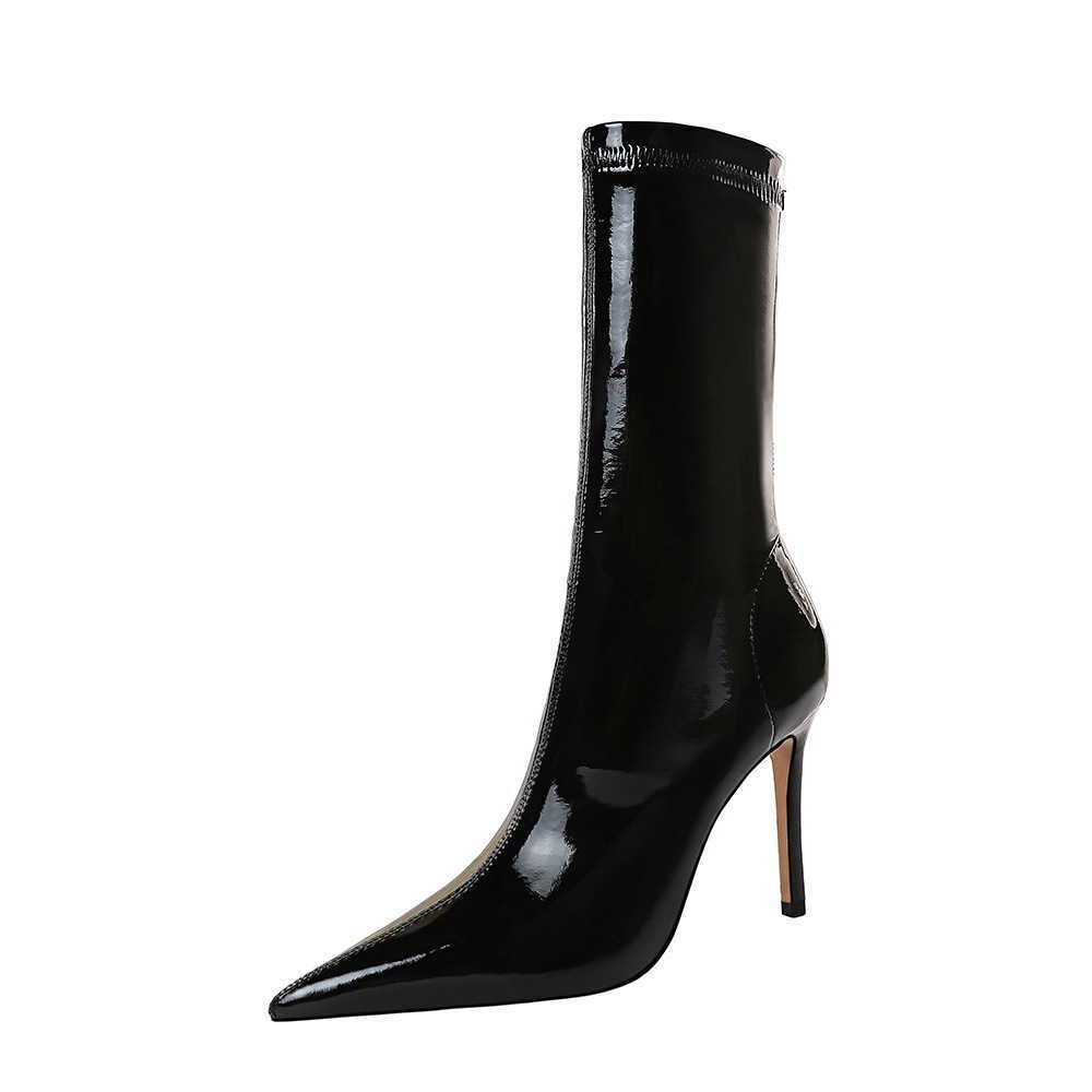 CMM Fashion Sexy Nightclub Slim Shiny Lacquer Leather Elastic Slim Pointed Short Boots Winter Slim Boots