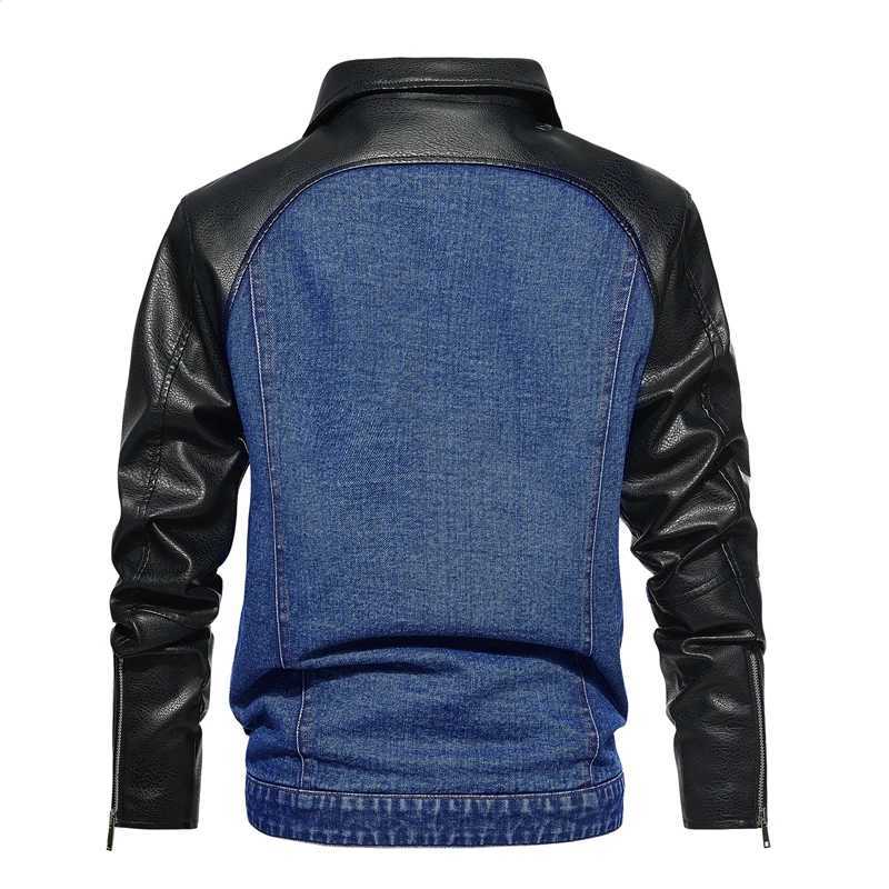 Mens leather jacket autumn and winter casual denim patch work top motorcycle armored jacket fashionable streetwear mens clothing S-3XL W240918