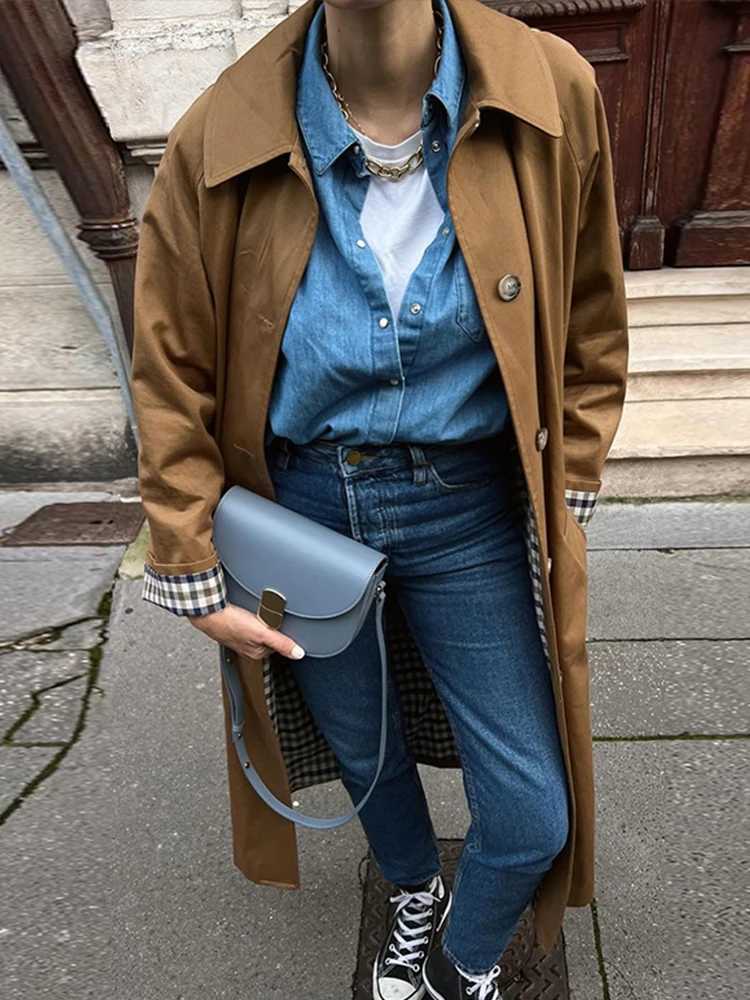 Woman Casual Long Trench Coats Khaki Plaid Lined Lapel Single Breasted Jacket With Pocket 2024 Autumn Chic Lady Commute OutwearX240921