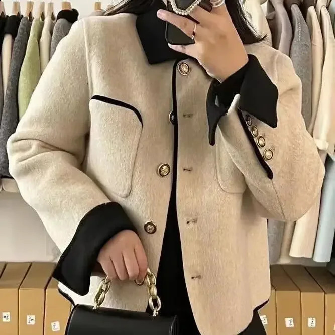 Womens Korean Style Color Block Tweed Short Coat - Stylish Wool Overcoat for Spring Autumn