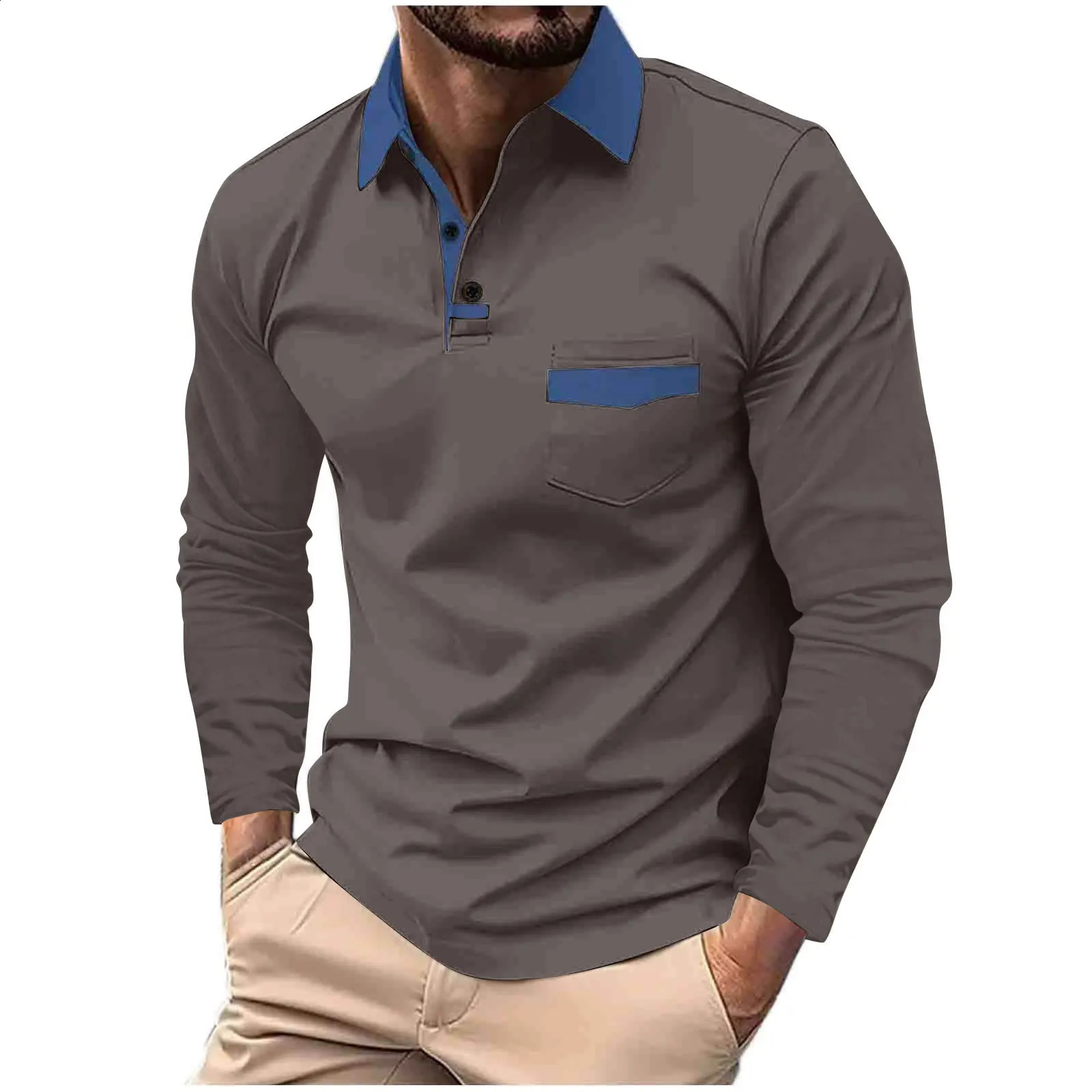 2024 Spring and Fall leisure business POLO shirt chest pocket mens lapel long-sleeved polo shirt 240914