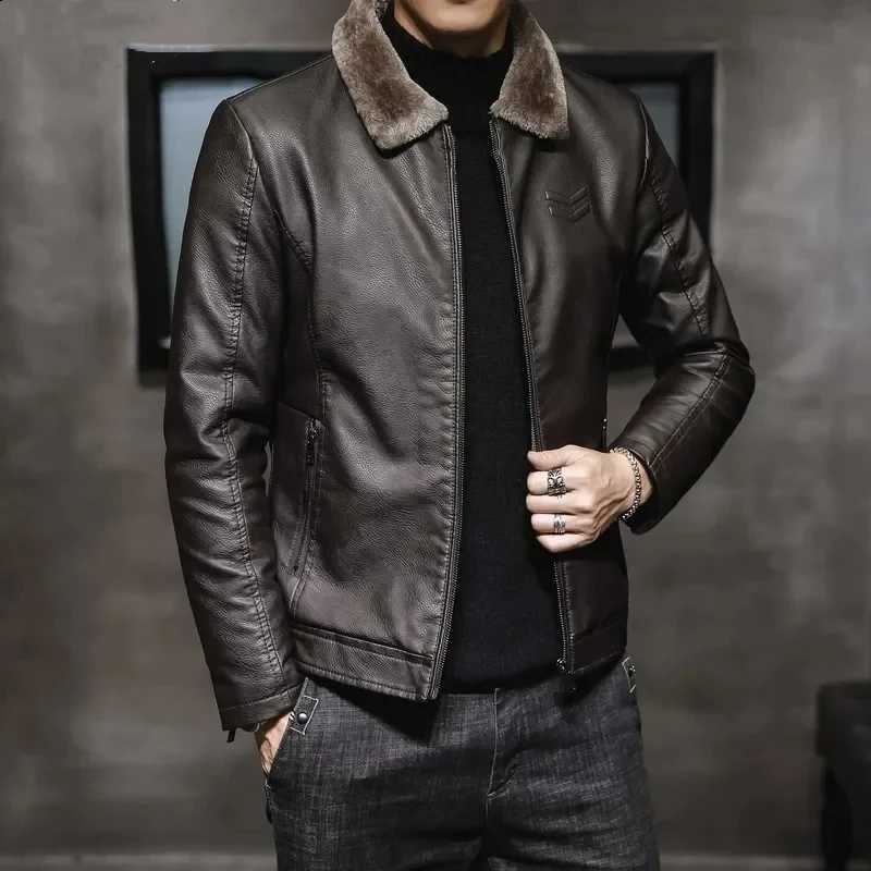 Winter faux fur collar windproof warm jacket mens luxury clothing retro brown leather jacket mens brand leather jacket mens W240918