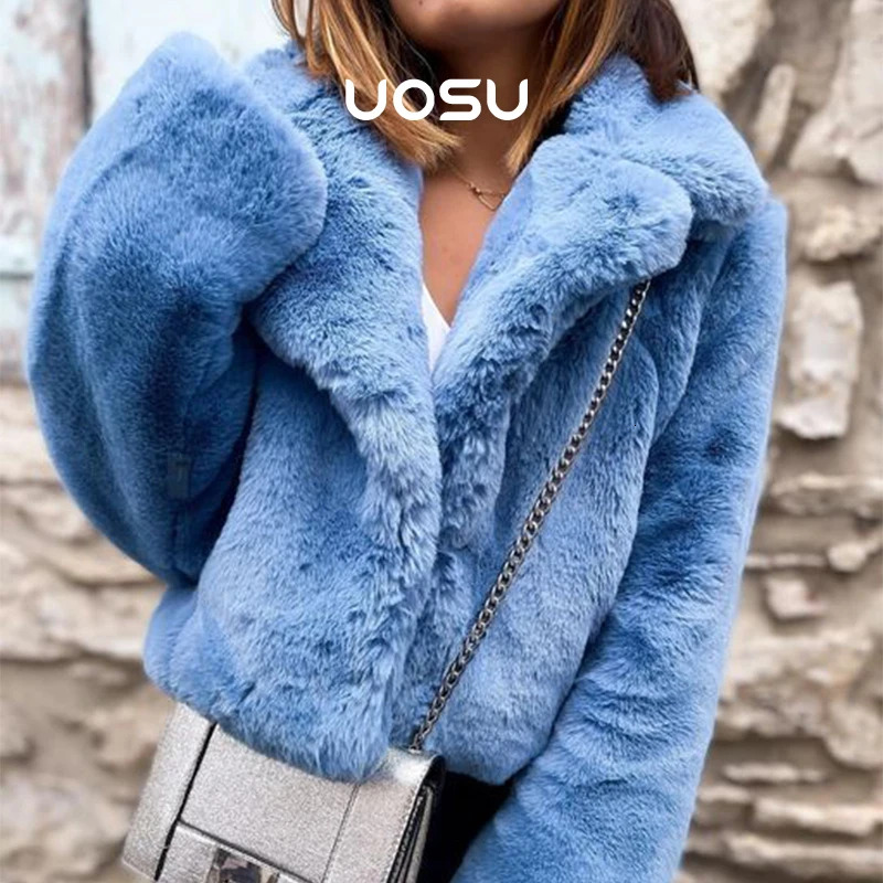 Blue Cropped Plush Coat Women Ins Chic Street Fashion Girls Winter 2023 New Trend Faux Rabbit Fur Jacket Coats Short Outwear