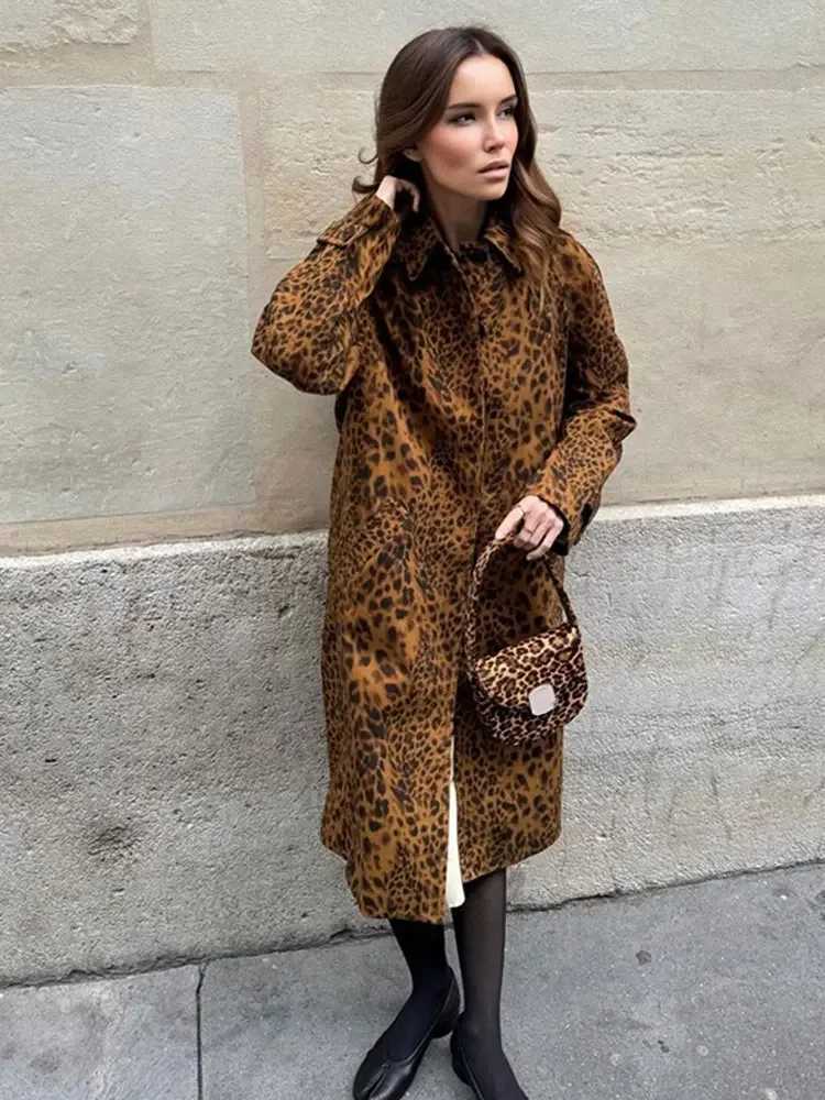 Vintage Leopard Print Single Breasted Trench Womens Coats Fashion Lapel Long Sleeves Pockets Jackets Autumn Lady Long OutwearX240921