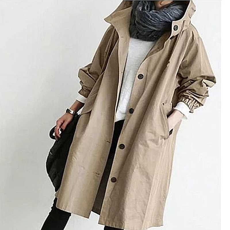 Hooded Pocket Long Sleeve Windbreaker Loose Coat Mid Length Jacket British Style Women Clothes Solid Autumn Thin Casual VintageX240921