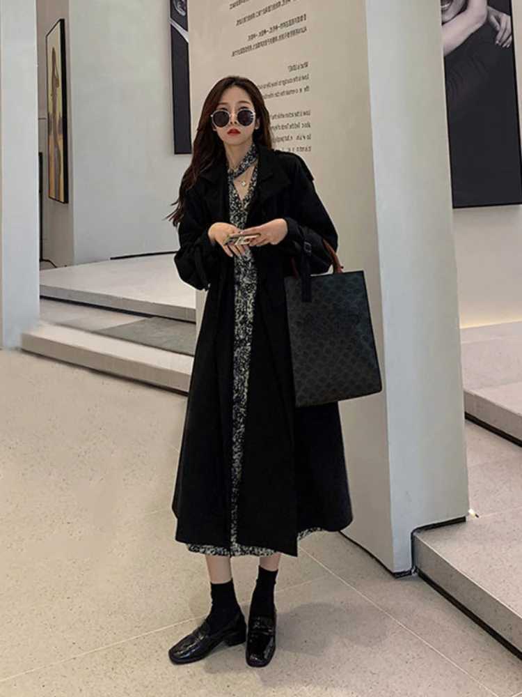 Lapel Women Trench Coat Topcoat Double-breasted Casual Coat Pure Color Autumn Winter Overgarment Waistband Windbreak JacketX240921