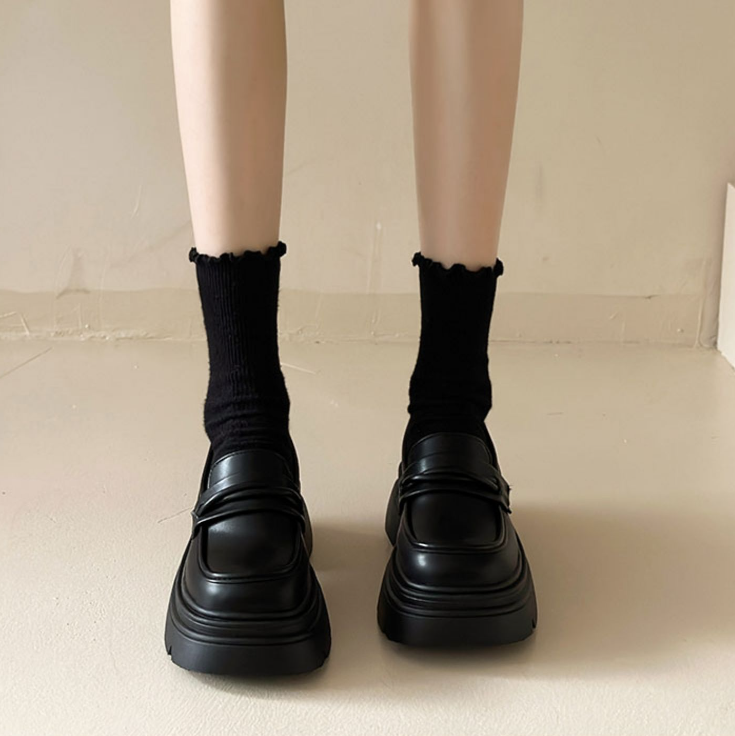 Casual Women's Slip-On Chunky Heel Leather Shoes with Thick Sole in Triple Black and Brown 9f10