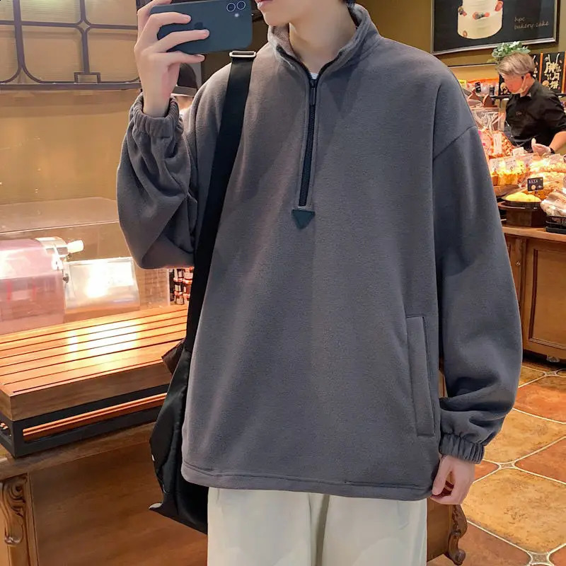 Mens sports shirt spring thick zipper mens hooded sweatshirt outdoor retro stand up collar basic solid top 240911