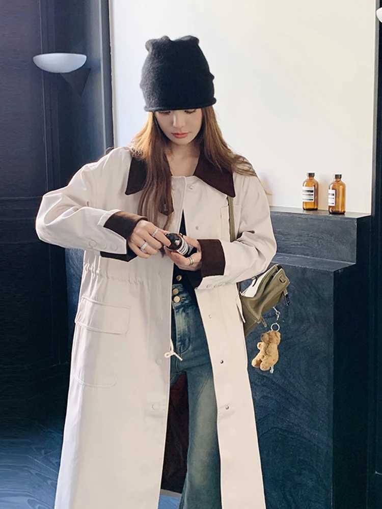 LANMREM Korean Block Color Trench Womens Lapel Single Breasted Drawstring Gathered Wasit Coats 2024 Autumn New Clothing 2Z2860X240921