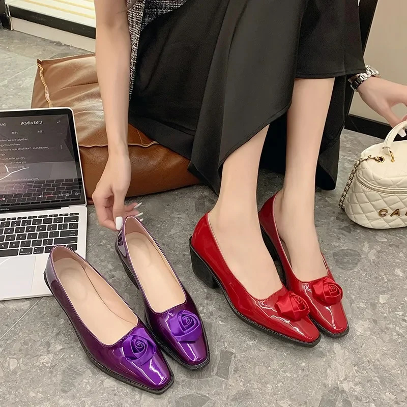 High Quality Female Purple High Heels 2024 Summer Fashion Square Toe Womens Pumps Elegant Rose Date Shoes 240921