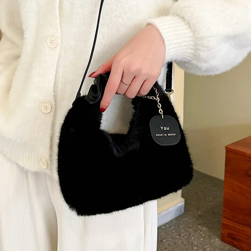 New Fashion Women Lady Shoulder Underarm Solid Color Soft Plush Handbag Fluffy Totes Purse Autumn Winter Shopping Bag