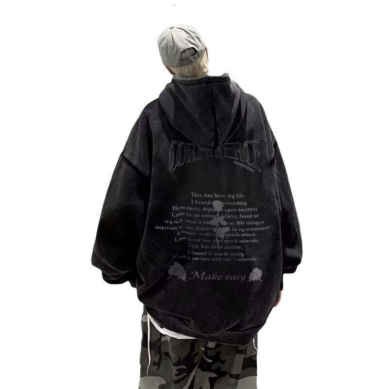 American Washed Pure Cotton Hoodie Men's Winter Trendy Brand Retro Dark Hip-Hop High Street Top Spring And Autumn Coat