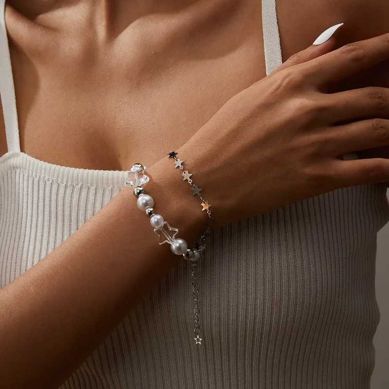 Star Pentagram Pearl Beaded Bracelet for Women Harajuku Crystal Vintage Aesthetic Charm Double Layer Chain Bracelet Jewelry GiftX240921