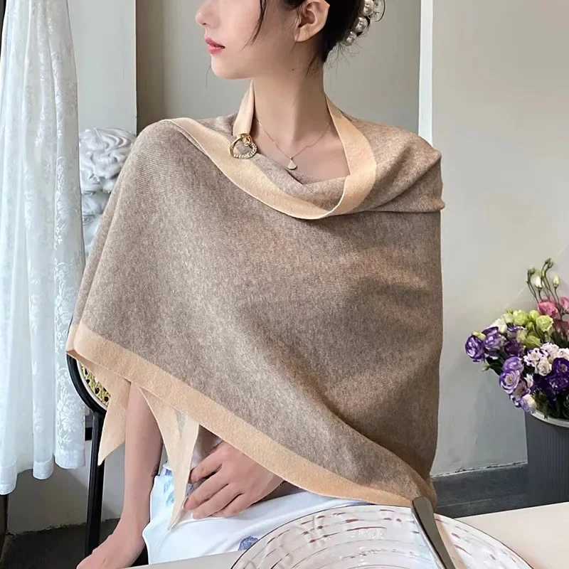 Soft double-sided cashmere knitted shawl for women solid color triangular shawl windproof and warm accessories W240921