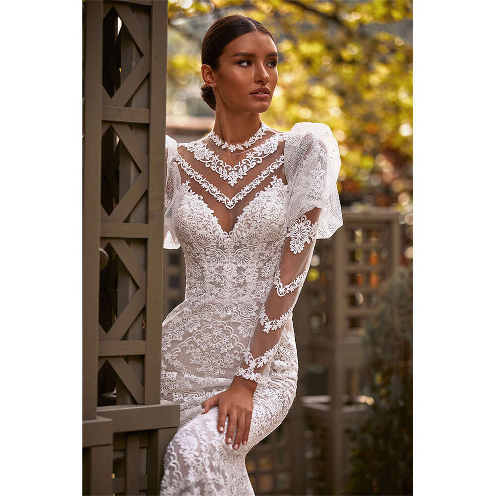 Vintage White Wedding Dresses Appliques Mermaid Bridal Gowns Custom Made Embroidery Sheer Neck Puffy Sleeves Vestido De Novia