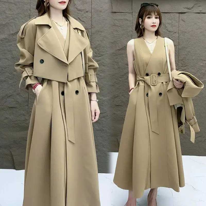 2023 New Two Piece Set Women Trench Coats Long Solid Casual Ladies Windbreaker Black Khaki Size Belt Lapel Clothing Fashion TopsX240921