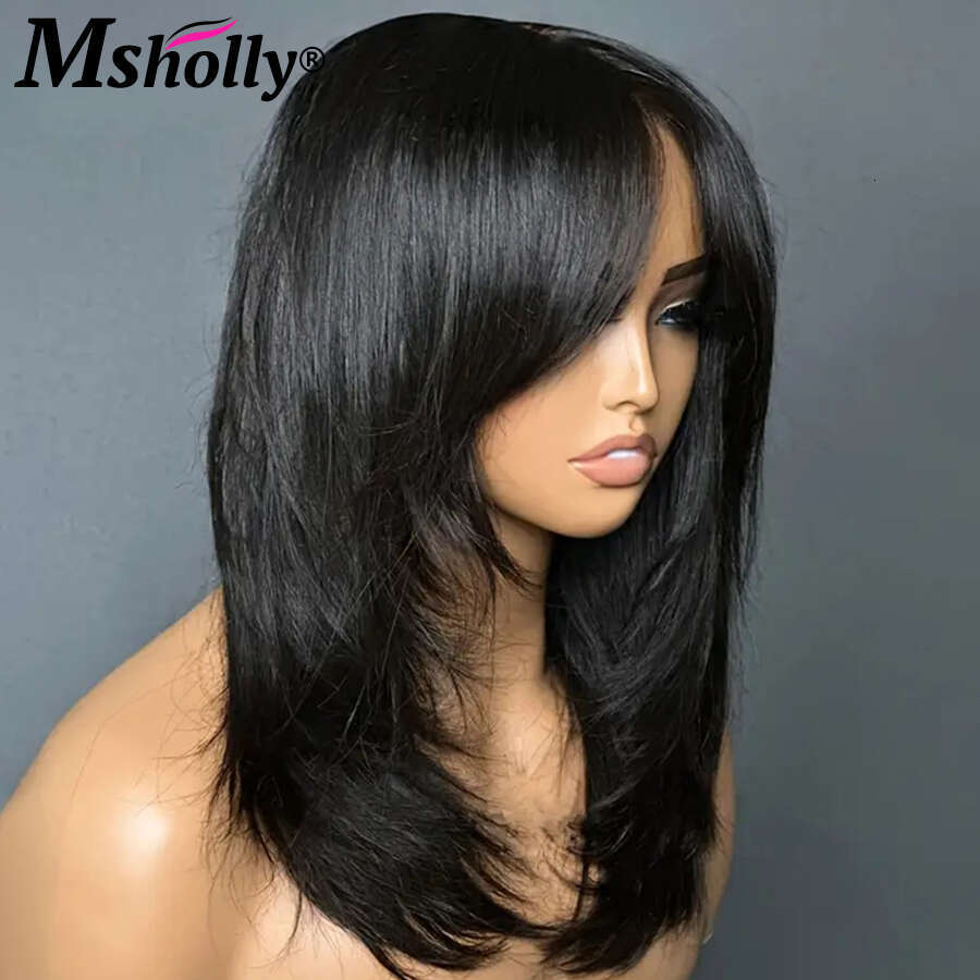 Inspired Layers With Curtain Bangs Wavy 4x4 Glueless 100% Human Hair Wigs Free Part Clear Lace Preplucked Wig For Women