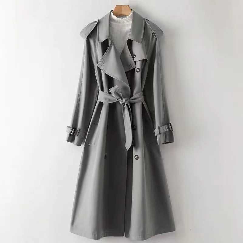 Spring Autumn Casual Mid-length Trench Coat 2024 Women With Sashes Double-breasted Lapel Female Windbreaker Gray OuterwearX240921