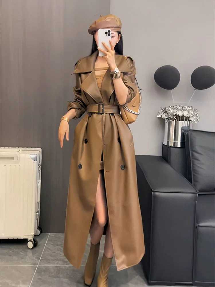 Spring Autumn Extra Long Oversized Cool Black Pu Leather Trench Coat for Women Belt Runway Fashion 2024X240921