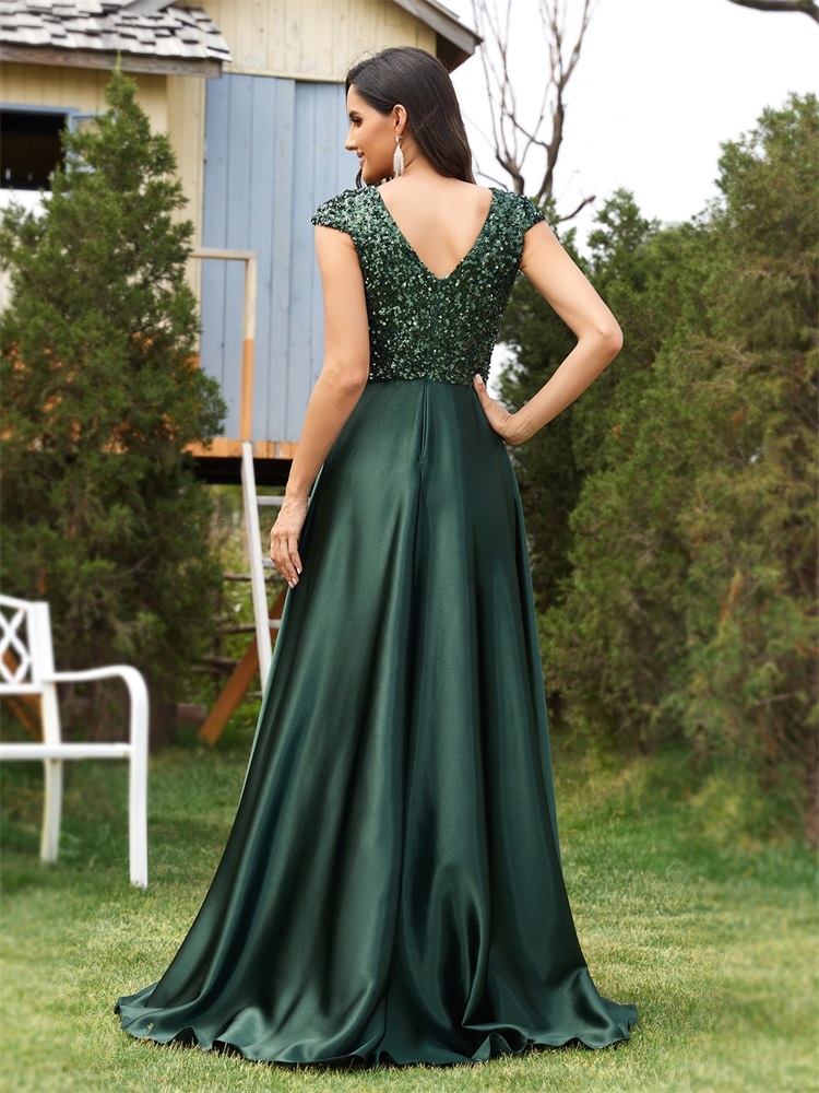 Lucyinlove Elegant V Neck Green Sequin Evening Long 2024 Women Satin Short Sleeves Party Prom Tail Dress