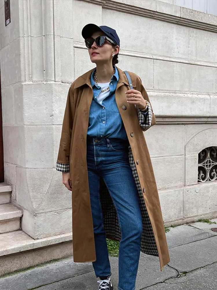 Woman Casual Long Trench Coats Khaki Plaid Lined Lapel Single Breasted Jacket With Pocket 2024 Autumn Chic Lady Commute OutwearX240921
