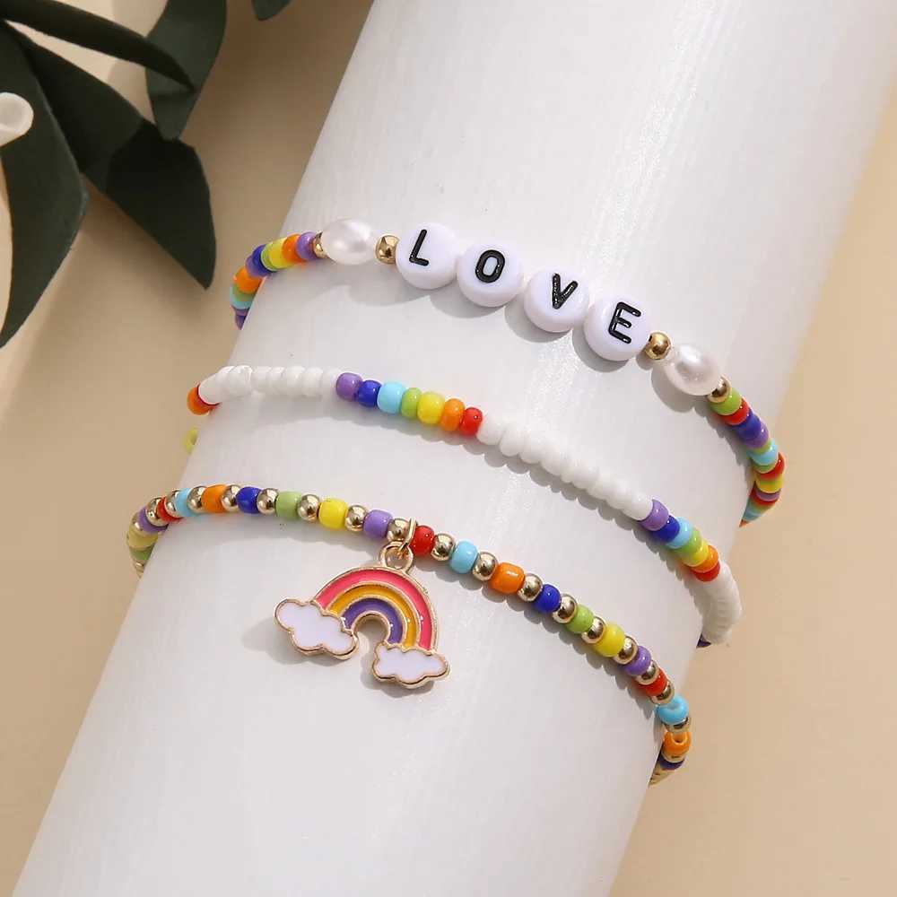 Bohemia Rainbow Charm Bracelet Set For Women Colour Rice Bead Chain Love Letter Bangle Girls Boho Jewelry GiftX240921