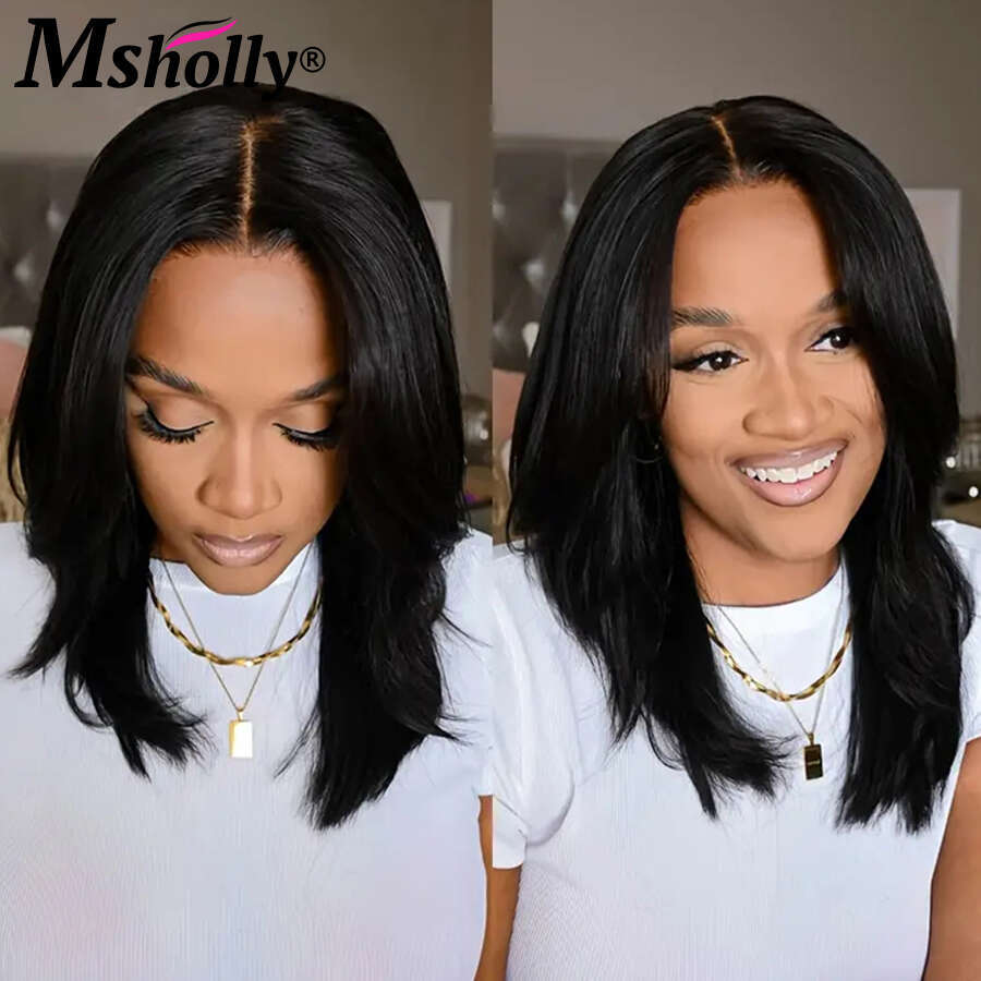 Inspired Layers With Curtain Bangs Wavy 4x4 Glueless 100% Human Hair Wigs Free Part Clear Lace Preplucked Wig For Women