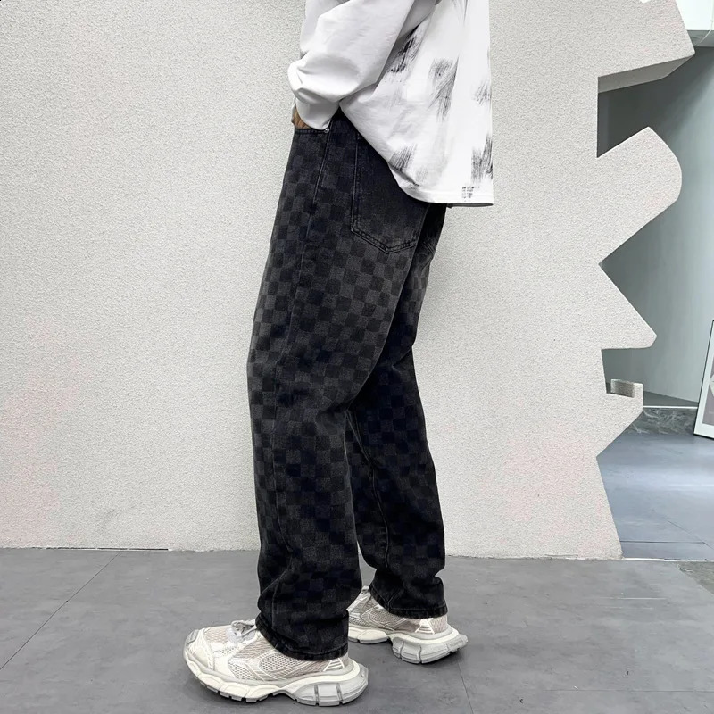 Plaid printed jeans for men Autumn Fashion Street straight loose casual wide-leg mop Y2K denim long pants 240911