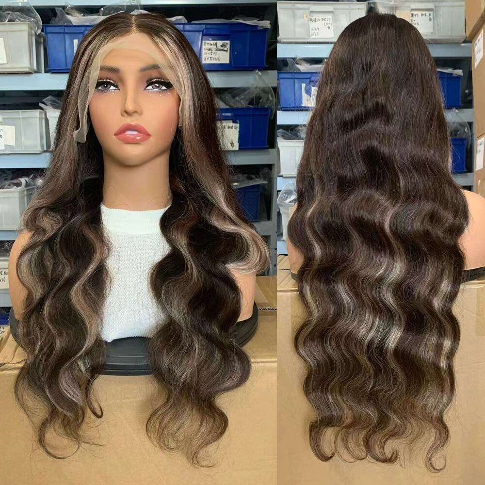 32inch Brown Highlights Blonde Body Wave Human 13x4 Transpaprent Lace Front Wigs Pre-Plucked Long Hair Wig For Woman