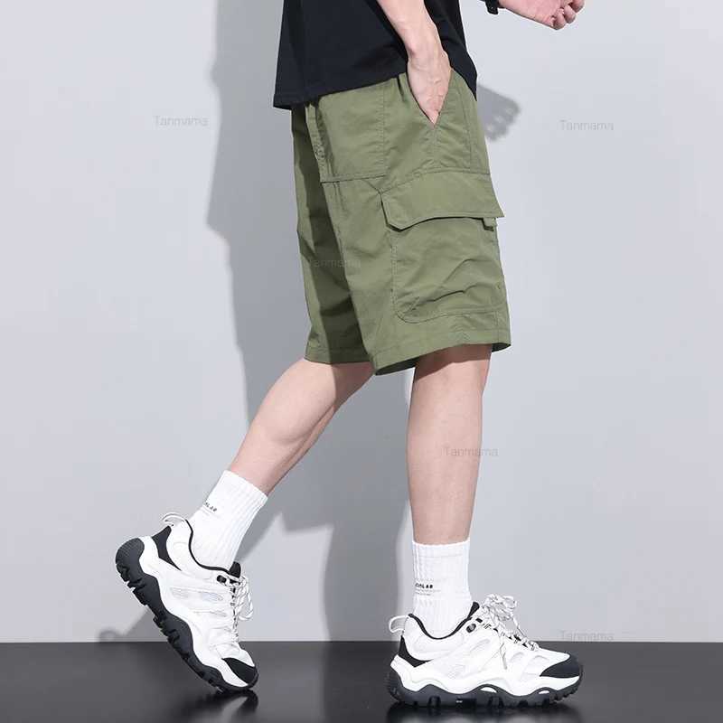 Summer Ultra-thin Quick-drying Mens Shorts Elastic Waist Ice Silk Loose Large Pocket Cargo Knee-length Pants Green Black GreyX240921