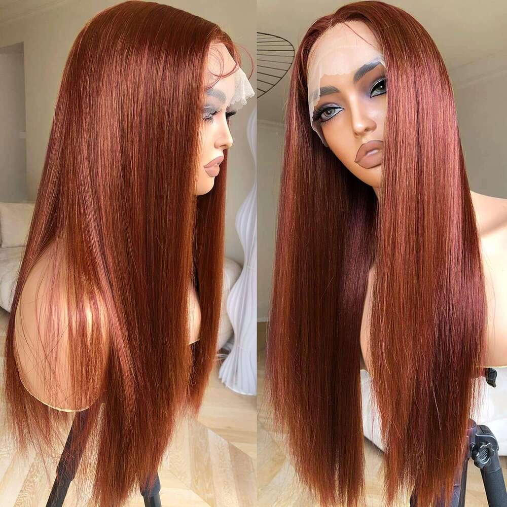 Reddish Brown Front Straight 13x4 Colored Human Hair Wigs 180% Full Density Copper Red Lace Frontal Wig