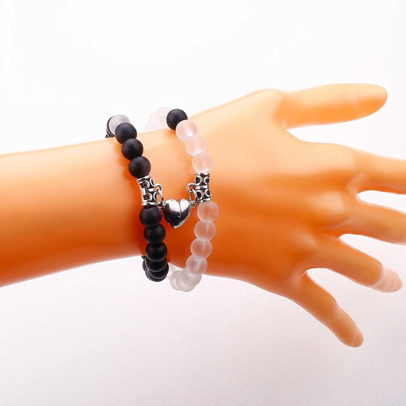 Love Heart Magnetic Beaded Bracelet Set 2 Pcs Stretchable Hand Jewelry For Best Friend/ CouplesX240921
