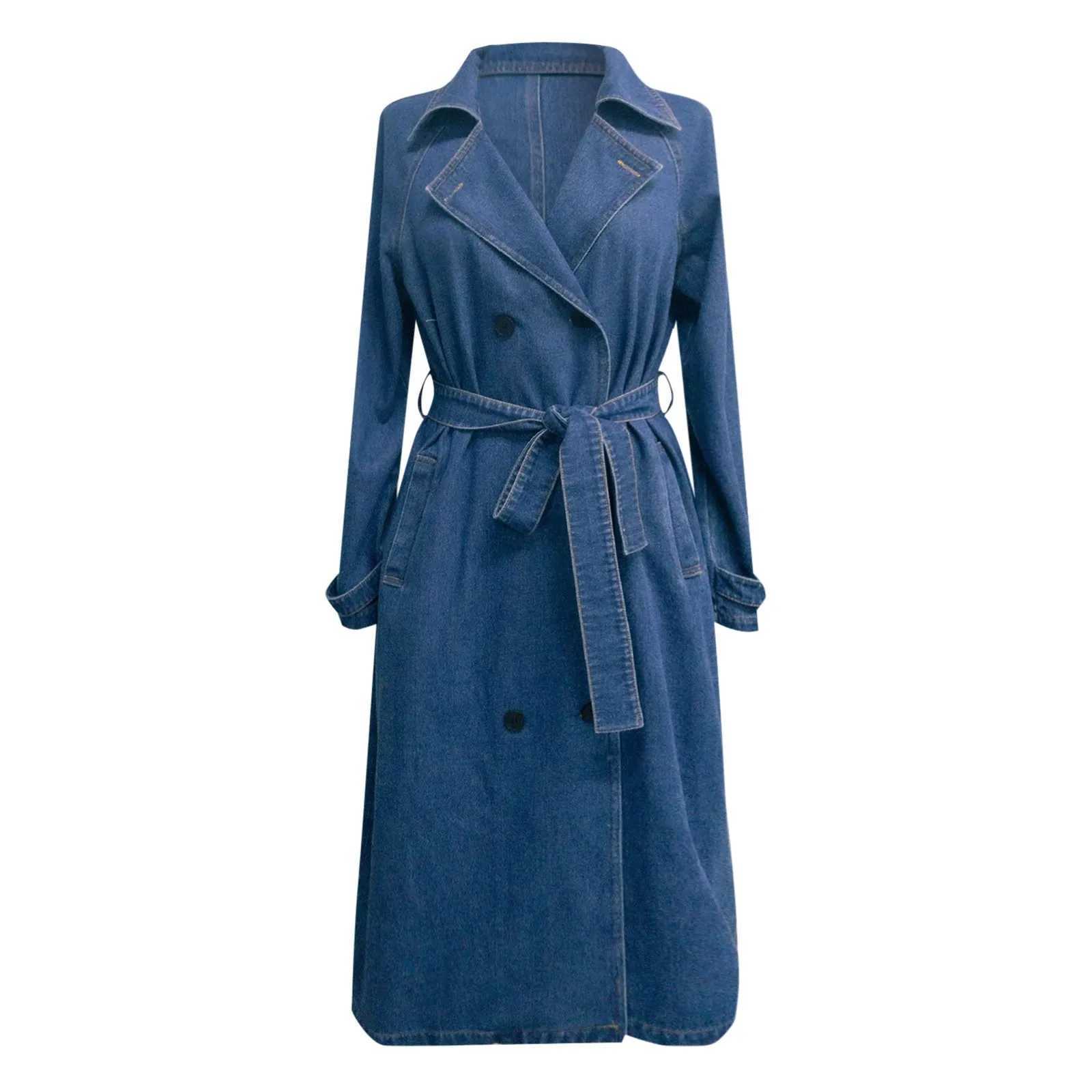Womens Long Denim Trench Coat With Belt Vintage Loose Fit Jean Jacket Double Breasted High Quality Denim Jacket Female CoatX240921