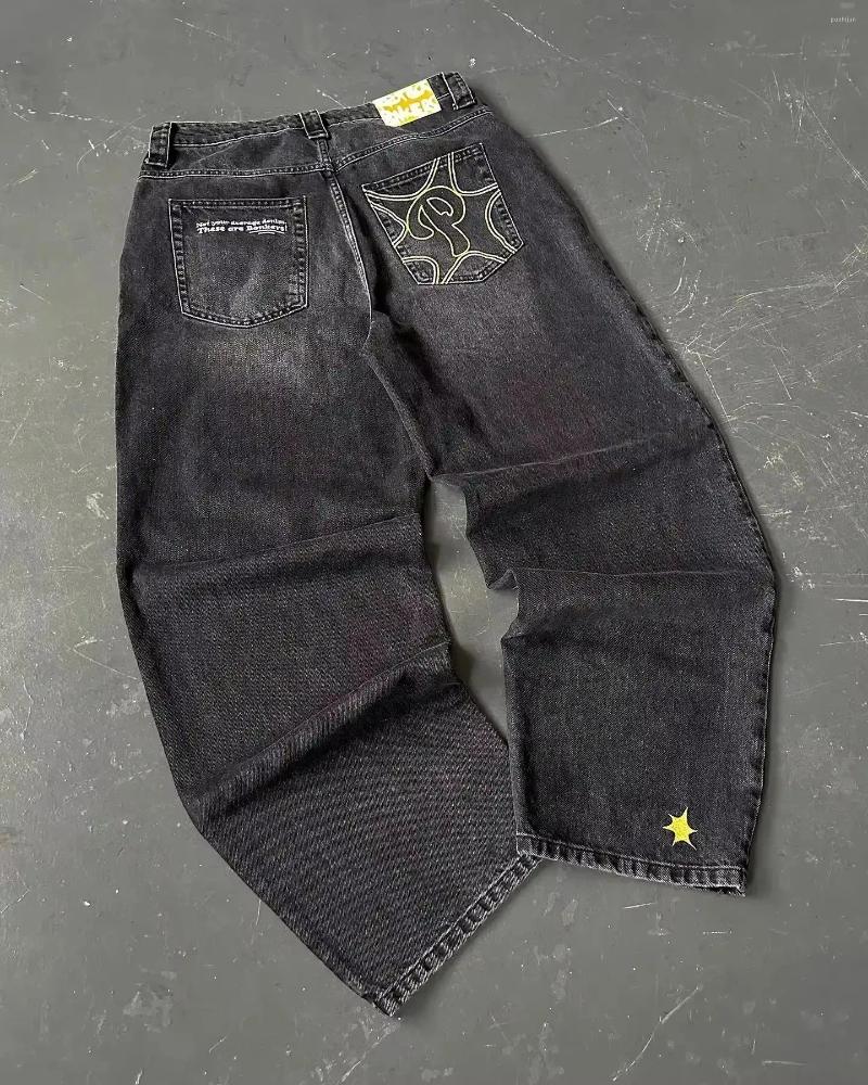 2025 S Fashion Designer Men S Jeans Mens Haruku Retro Hip Hop Cartoon Embroidery Baggy Denim Pants S Street Gothic Wide Trousers Streetwear