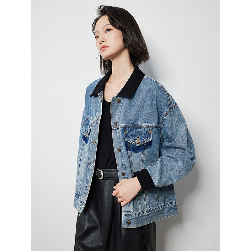 TOYOUTH Women Denim 2024 Autumn New Contrasting Color Washed Boyfriend Streetwear Outwear Jacket