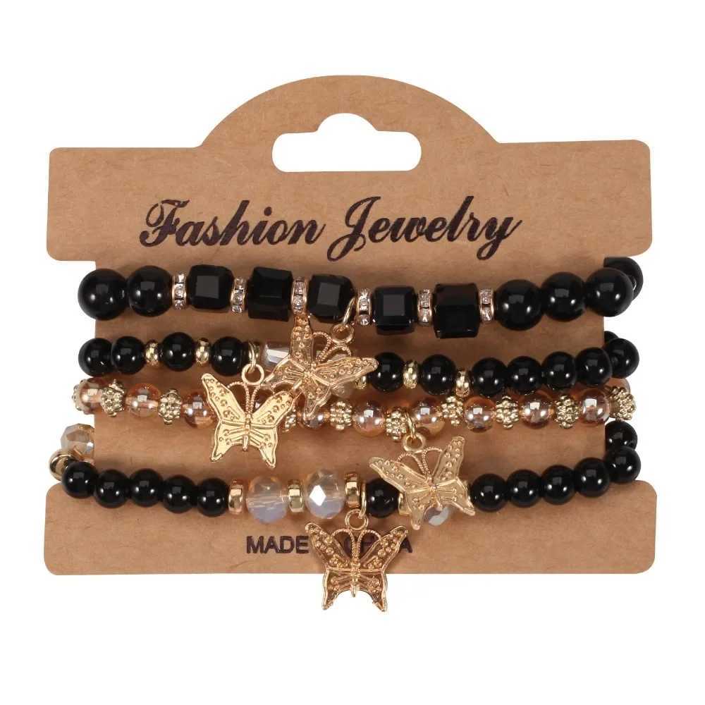 4Pcs/Set Bohemian Multi-Layer Butterfly Pendant Bracelets Hand-Beaded Artificial Crystal Glass Bracelet Fashion JewelryX240921