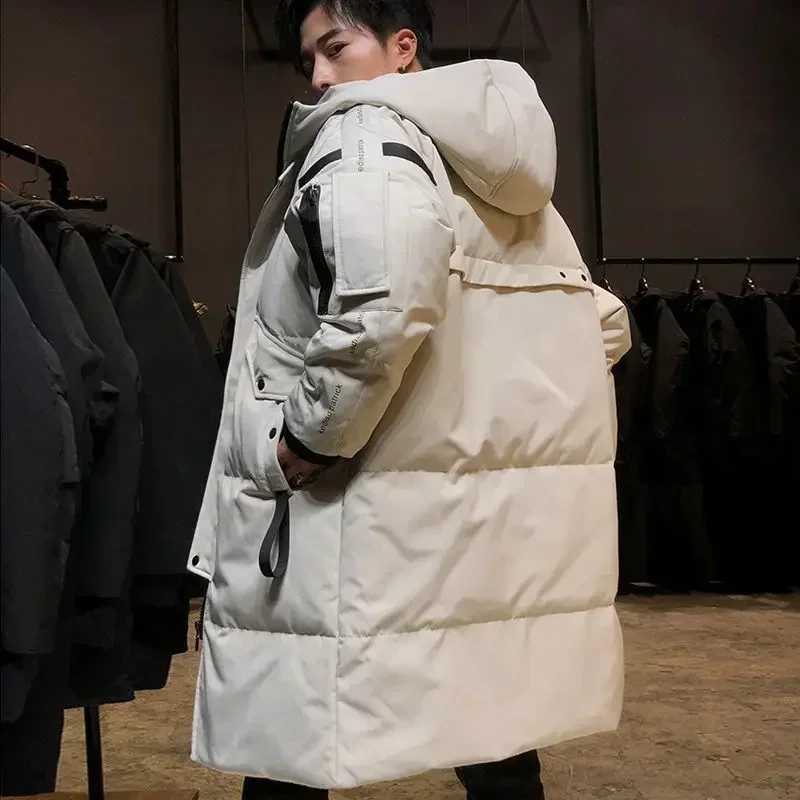 Mens Parkas Hooded new over the knee coat thick medium length clip on zipper button winter white duck down jacket W240920