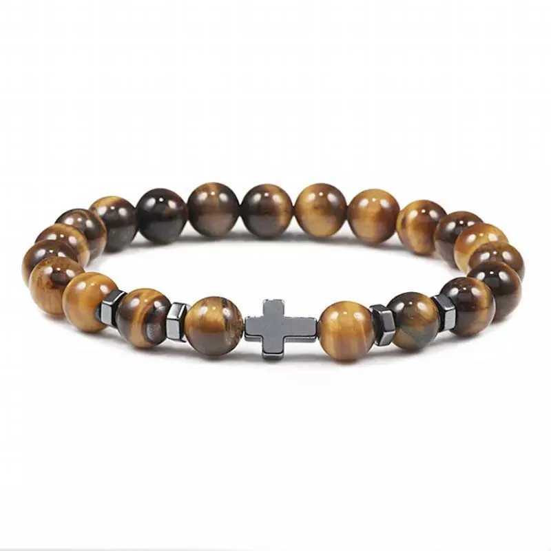 Kirykle 8mm Natural Volcanic Rock Tiger Stone White Pine Black Gallstone Cross Beaded Mens and Womens Bracelet Yoga JewelryX240921