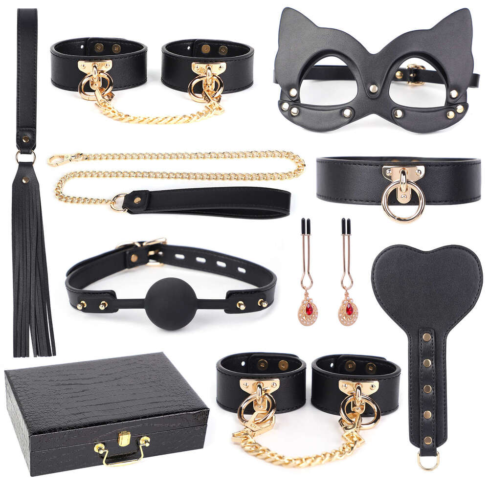 SM sex props high-end PU eight piece set sex traction collar sex leather racket tuning mouth ball breast clip yin clip